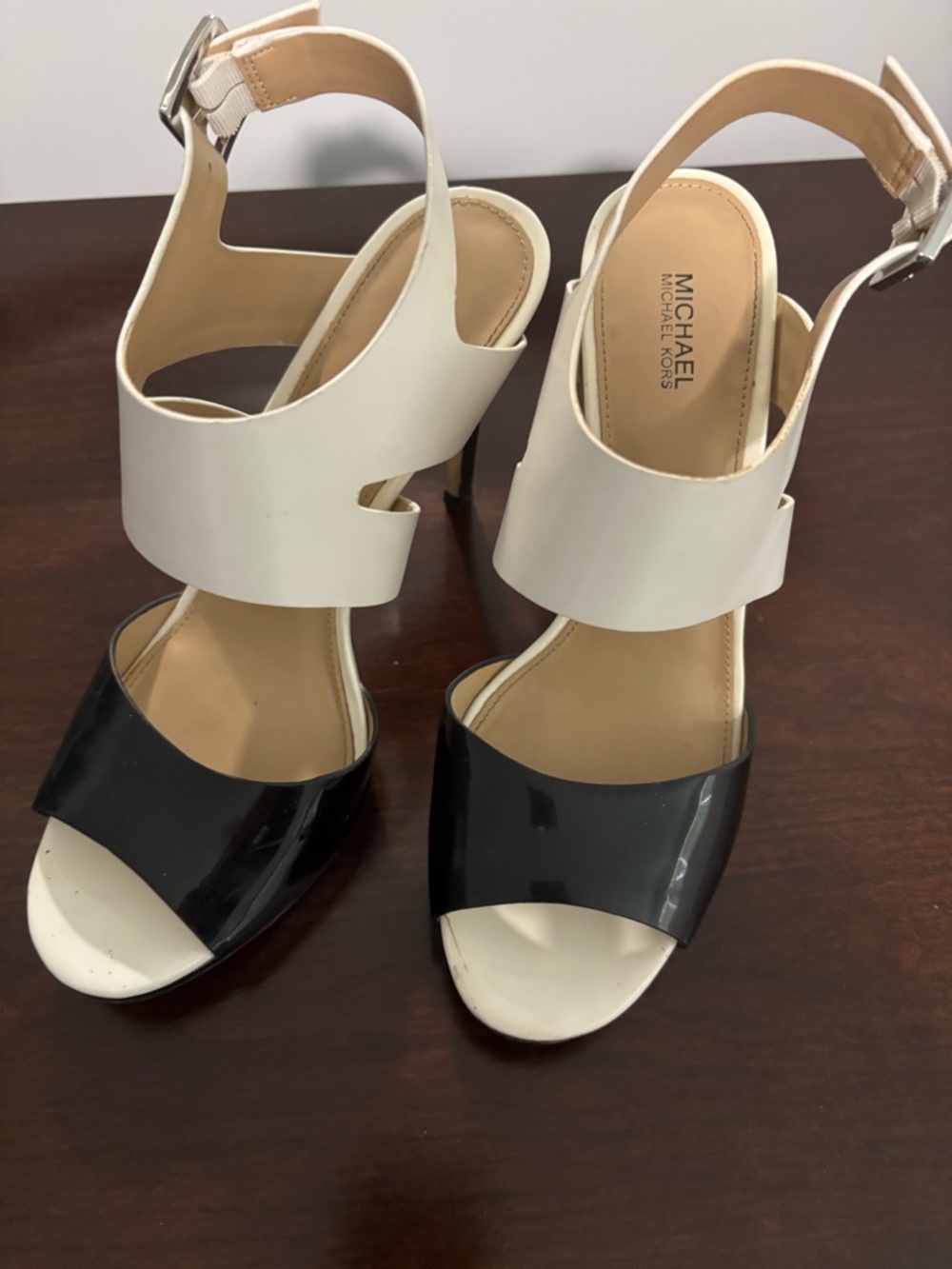 Michael Kors Black and White Two-Tone Open-Toe Heels